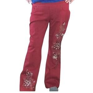 DG2 Diane Gilman Red Embroidered Floral PXL (37x27) Boho Boot Pull On Jeans